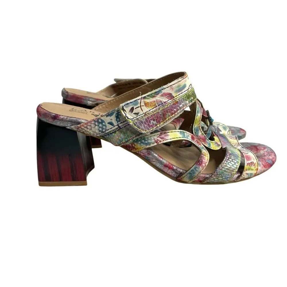 L’Artiste floral block‎ heel slide sandals heels Size 39 turquoise boho artsy